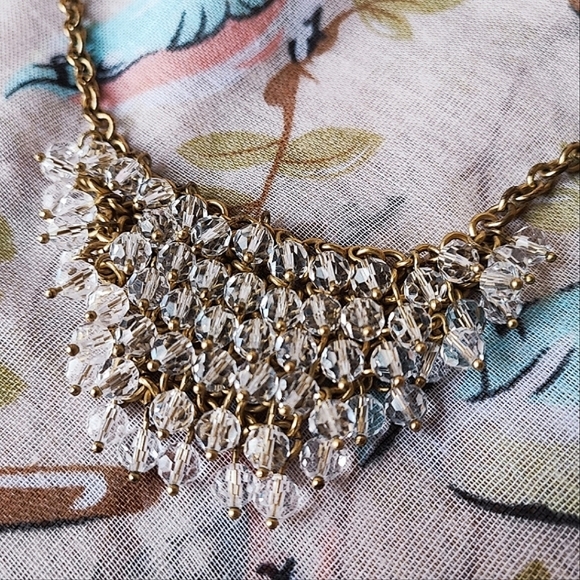 J. Crew Crystal Clear Faceted Beads Brass Tone Chainmaille Statement Necklace - Picture 10 of 12